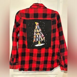 Christmas CATS tree upcycled flannel shirt medium